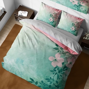 Green and Pink Vintage Flower Bedding Set, Boho Chic Aesthetic Duvet Cover, Watercolor White Flowers Bedspread, Full King Queen Dorm Bedding