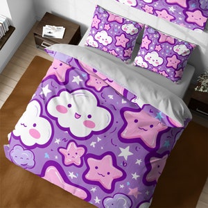 Cute cartoon kids purple duvet cover set, clouds and stars space themed nursery bed time, girl's room decor, toddler kids colorful bedspread