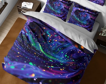 Esthetisch Galaxy verfspatten dekbedovertrek, beddengoed met ruimtethema, kosmische nevel dekbedovertrek, kingsize slaapzaal beddengoed dekbed