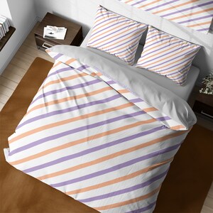 Set di biancheria da letto a righe diagonali lilla e pesca, copripiumino a righe vintage per bambina, copriletto reversibile, set di biancheria da letto per dormitorio matrimoniale king size queen twin