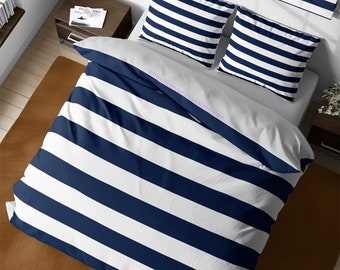 Nautical Sailor Rugby Stripe Bedding, Navy Blue and White Vintage Duvet Cover, Atlantic Marine Bedspread, King Queen Dorm Bedding Set Full