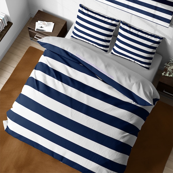 Nautical Sailor Rugby Stripe Bedding, Navy Blue and White Vintage Duvet Cover, Atlantic Marine Bedspread, King Queen Dorm Bedding Set Full