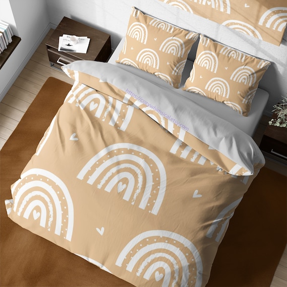 Mokka Beige Boho Baumwolle Bettwäsche Set, Boho Regenbogen Reißverschluss Bettwäsche, niedliche Quilt Cover, Kleinkind Bettwäsche, Wohnheim Bettwäsche, Boho Chic