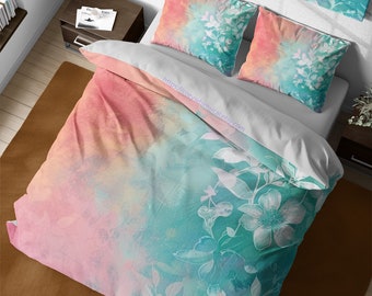 Soft Pink and Turquoise Acrylic Texture Bedding Set, White Floral Flowers Quilt Cover, Boho Chic Duvet Cover, Full King Queen Dorm Bedding