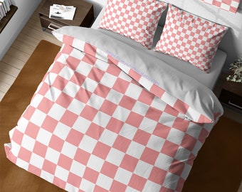 Literie à carreaux rétro rose et blanc, housse de couette esthétique en damier groovy, housse de couette king échiquier, parure de lit à carreaux complet