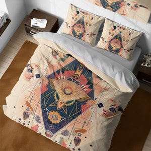 Juego de cama bohemio beige celestial, juego de funda nórdica de bruja, ropa de cama para dormitorio, funda nórdica estética psíquica del tarot, cama tamaño king, cama matrimonial, dos camas individuales
