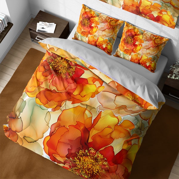 Watercolor Orange Zinnia Flowers Duvet Cover Set, Abstract Alcohol Ink Art, Wildflowers Duvet Aesthetic, Zinnia Lover, Queen King Bedding