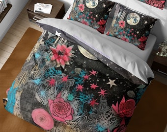 Witchy Celestial Blooms Floral & Moon Bedding Set, Victorian Goth Room Decor, Starry Stars Duvet Cover, Full King Queen Twin Dorm Bedspread