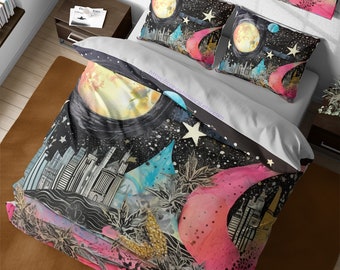 Dark Vintage Starry Night Cityscape Bedding Set, Whimsical Moon & Stars Duvet Cover, Girls Room Decor, Full King Queen Dorm Twin Bedspread