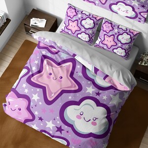 Cute purple cartoon kids duvet cover set, clouds and stars bedding, space themed nursery bed time, girls room decor, purple kids duvet set
