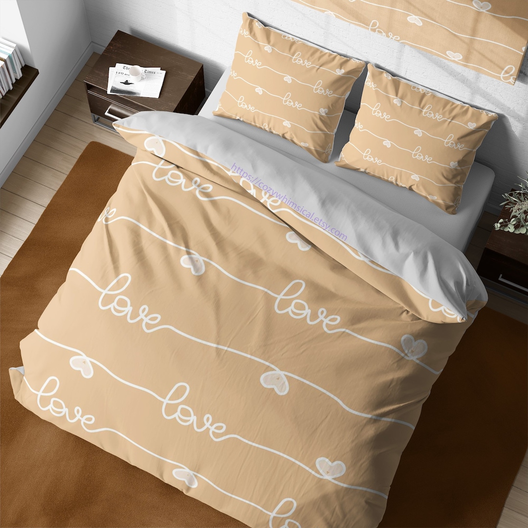 Love Lettering Cotton Duvet Cover Set, Beige Bedding, Cute Quilt Cover ...