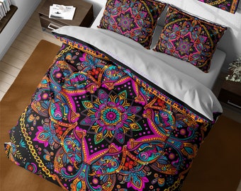 Vintage Boho Indian Flower Mandala Bedding Set, Colorful Ethnic Tribal Hippie Duvet Cover, Bohemian Quilt Cover, Full King Queen Bedding