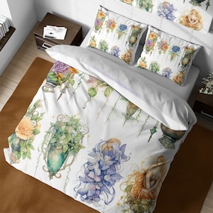 Medieval Fairy Themed Floral Duvet Cover Set, Whimsical Watercolor Flowers Bedding Set, Botanical Comforter Set, Twin Full Queen Duvet Cover
