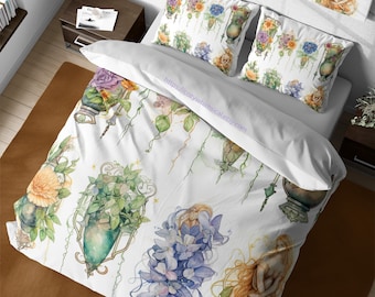 Medieval Fairy Themed Floral Duvet Cover Set, Whimsical Watercolor Flowers Bedding Set, Botanical Comforter Set, Twin Full Queen Duvet Cover