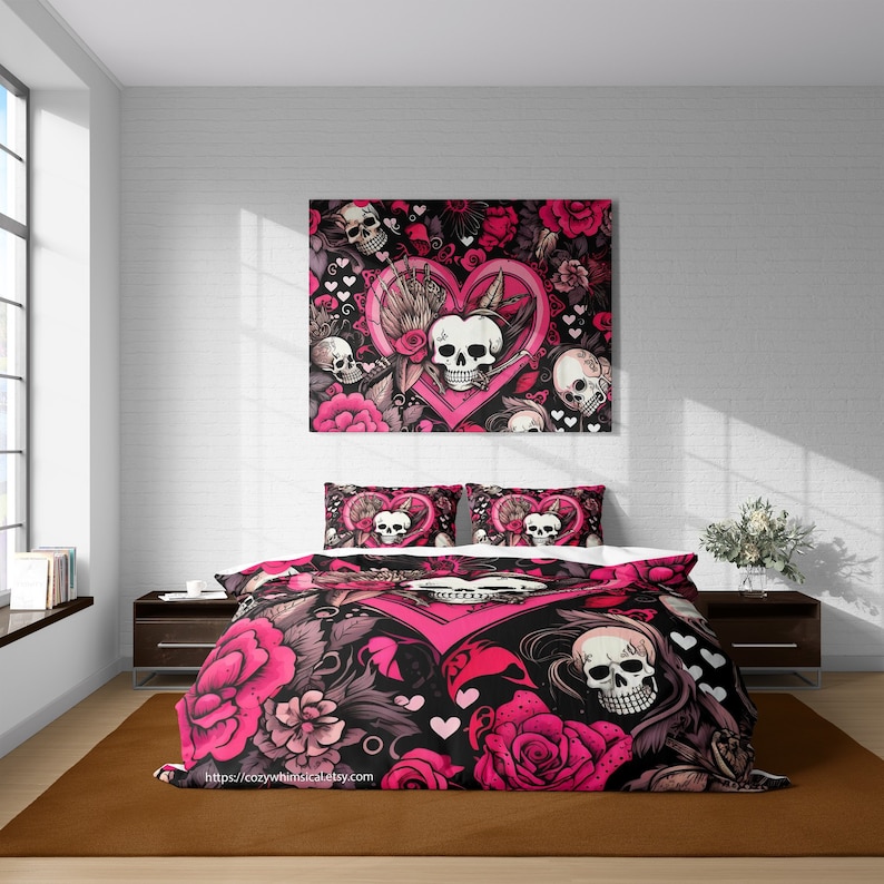 Y2k Pink Gothic Skull Hearts Duvet Cover Set, Rebel Punk Bedding, Emo ...
