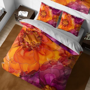 Abstract Sunflower Orange and Dark Purple Bedding Set, Watercolor Flowers Duvet Cover Set, Botanical Wildflower Floral Aesthetic Bedding