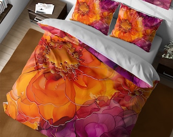 Abstract Sunflower Orange and Dark Purple Bedding Set, Watercolor Flowers Duvet Cover Set, Botanical Wildflower Floral Aesthetic Bedding