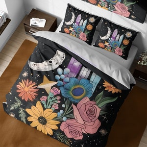 Vintage Cosmic Flowers & Crescent Moon Bedding Set, Celestial Stars Duvet Cover, Whimsical Crystals Bedspread, Witchy Gothic Boho Bed Cover
