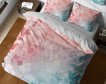 Coral Pink and Light Teal Floral Bedding Set, Abstract Watercolor Art Duvet Cover, Pastel Colors Quilt Cover, Full King Queen Dorm Bedding