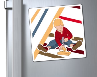 Square Magnet (3 Sizes) of "Hammertime" Original Artwork by Adam H. Retro / Mid Century inspired art & graphics. Vintage 60's w/ modern pop