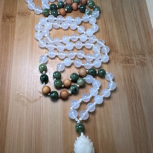 PEACE STRENGTH & PROSPERITY Green Jade White Jade, Sandalwood Mala Beads Lotus Flower Bead 108 Buddhist Mala Necklace Ethically Sourced