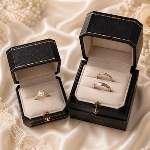 Pode incluir: Duas caixas octogonais pretas para anéis com costuras douradas e interiores de veludo creme. A caixa menor contém um anel solitário de diamante, enquanto a maior contém dois anéis, um com pavé e outro de metal liso.