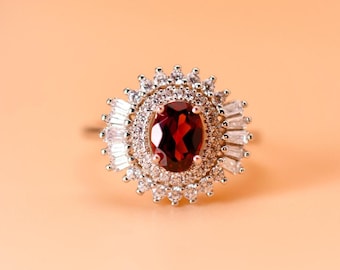 Natural Garnet Ring • Natural Gemstone Ring • 925 Silver Ring, 18K White Gold Plated • Adjustable Ring • Perfect Gift