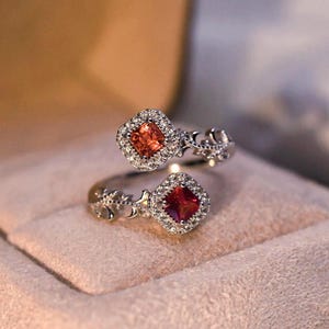 Bague Toi et Moi · Tourmaline rose et spinelle orange · Argent sterling 925 · Bague ajustable avec double pierre · Bague romantique