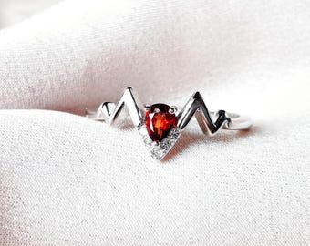 Natural Garnet Heartbeat Ring • Pave Promise Ring • 925 Sterling Silver Gold Plated • Adjustable • Birthday Gift for Wife