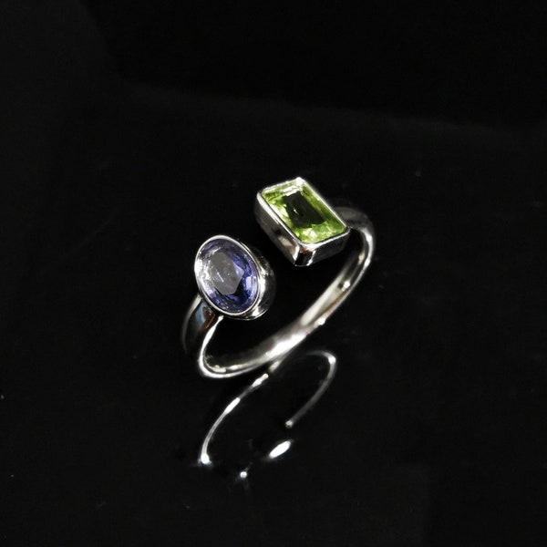 Open Ring • Duo Birthstone Ring • Gemstone Ring • Perfect Gift • Tanzanite Peridot • Wedding Jewelry • Engagement Gift