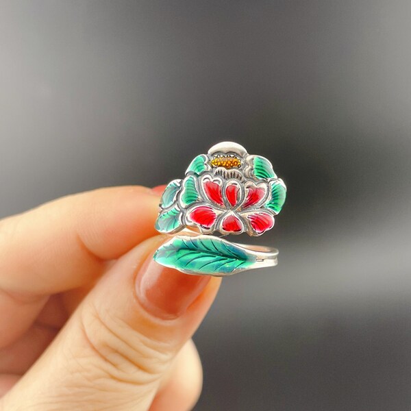 Cloisonné-Ring，Verstellbarer,   999er Silberring，Pfauring, Pfingstrosenring,geschenke, Chinesischer Klassikstil