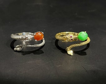 Drachenring, Jadeit-Ring, goldener Ring, 925er Silberring, 2024, Verstellbarer, Geburtssteinring, Versprechensring, Jahrestagsgeschenkring