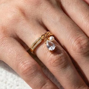 ダングルリング · アクアマリンドロップペンダント · 925スターリングシルバー · チェーンリング · 調節可能なチャームリング · ミニマリストジュエリー