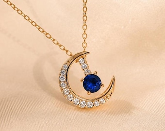 Sapphire Necklace Moon & Star · Natural Sapphire Pendant · 925 Sterling Silver Necklace · Gold or Silver · 3 Wearing Options