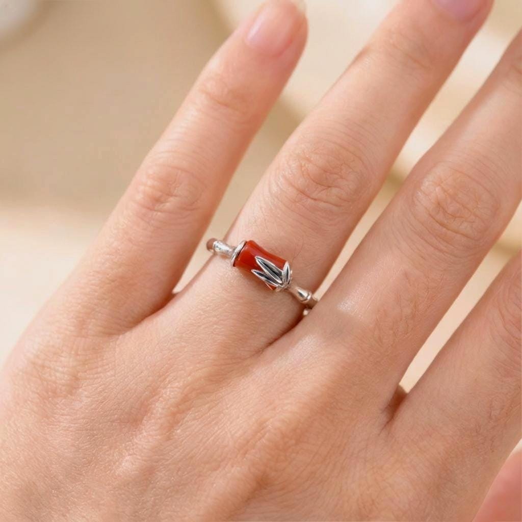 Bamboo Ring in 925 Sterling Silver With Natural Red Agate • Gift 