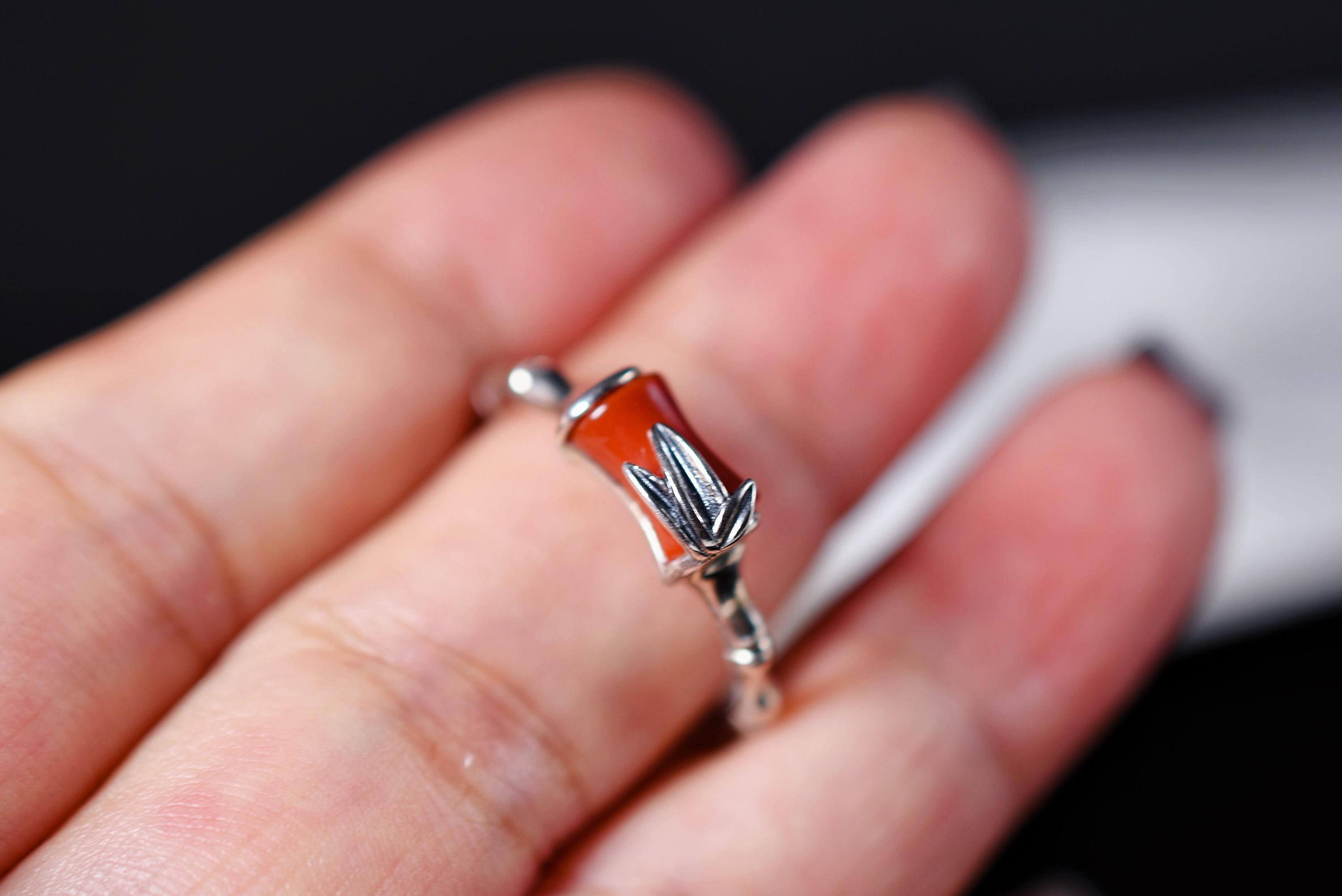 Bamboo Ring in 925 Sterling Silver With Natural Red Agate • Gift 