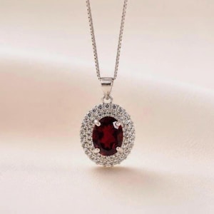 Garnet Pendant Necklace · Natural Garnet · 925 Sterling Silver · Double Cubic Zirconia Halo · Elegant Jewelry · Gift for Her