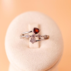 Natural Garnet Diamond Ring • Birthday Ring with Garnet • Birthday Gift • 925 Sterling Silver Gold-Plated • Adjustable