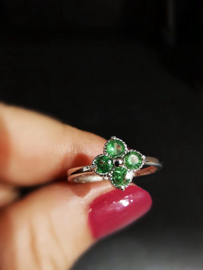 Natural Tsavorite Ring Fourleaf Clover Jewelry 925 Silver Ring, Plated