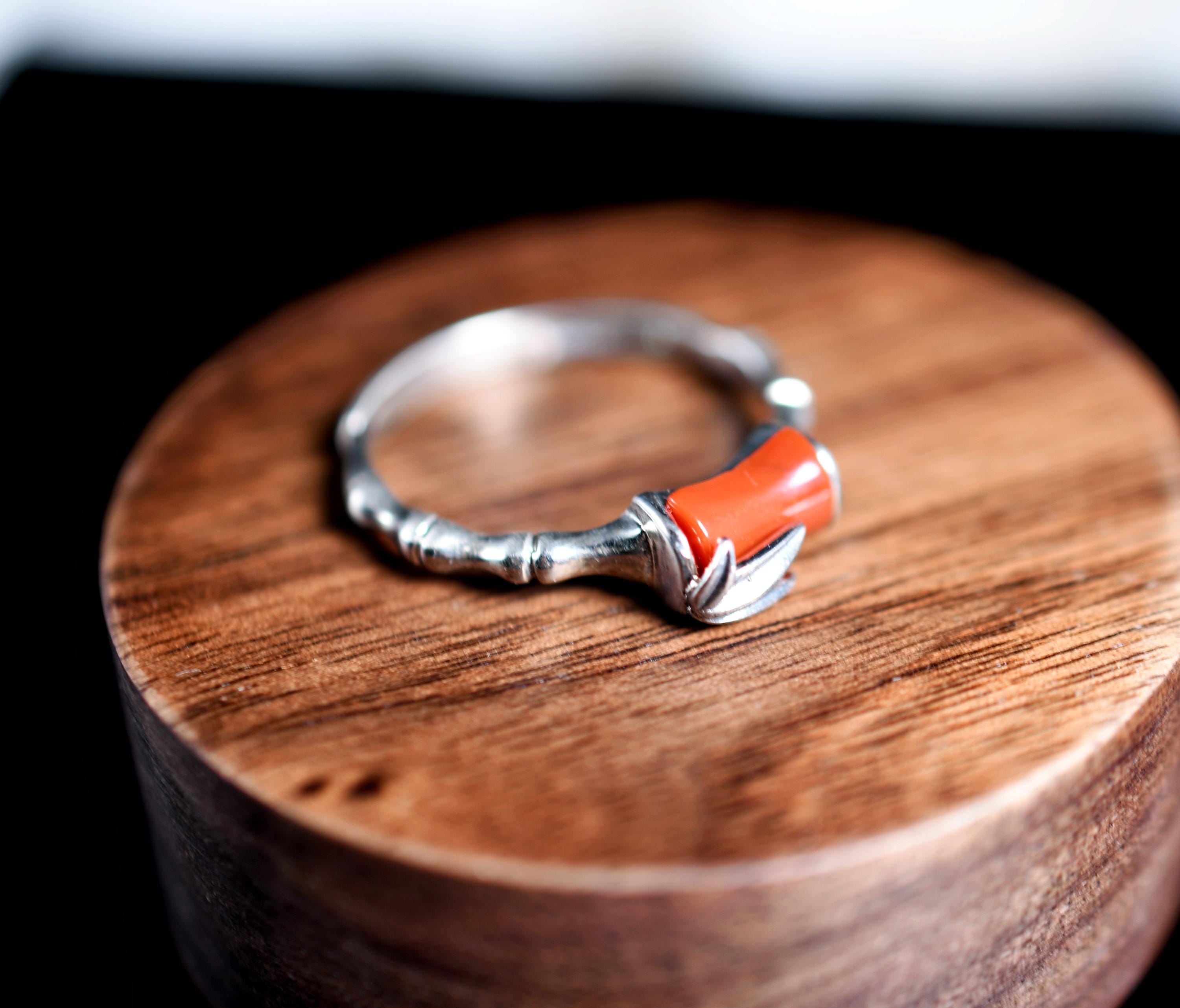 Bamboo Ring in 925 Sterling Silver With Natural Red Agate • Gift 