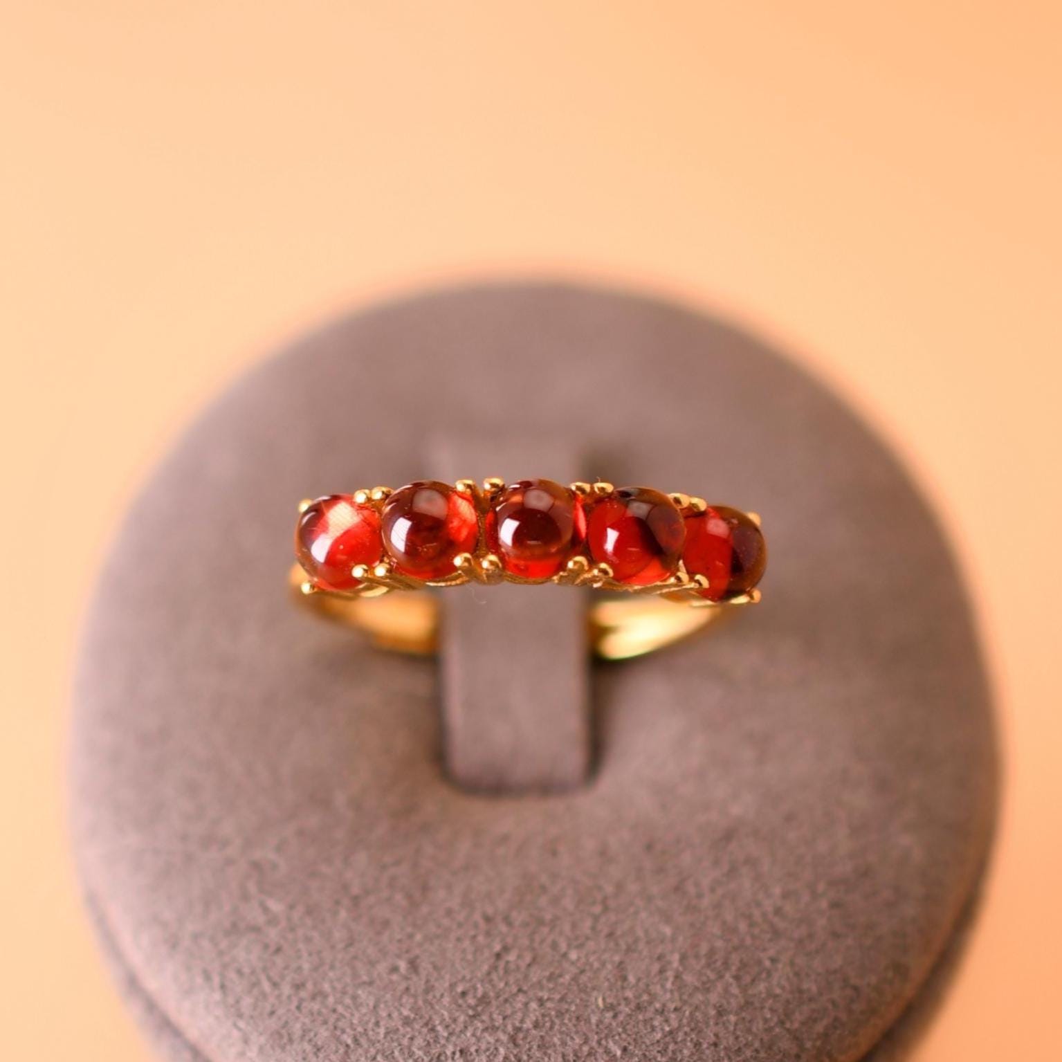 Elegant garnet stacking ring made of 925 silver, plated with 18K gold • 5 stones ring • Adjustable • Perfect gift for her