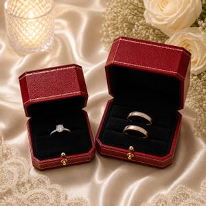 May include: Two deep red, octagonal ring boxes with gold-tone trim and black velvet interiors. One box holds a silver-tone engagement ring with a central round-cut stone, while the other box contains two plain, polished gold-tone wedding bands.