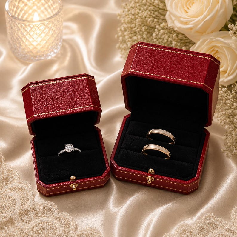 May include: Two deep red, octagonal ring boxes with gold-tone trim and black velvet interiors. One box holds a silver-tone engagement ring with a central round-cut stone, while the other box contains two plain, polished gold-tone wedding bands.