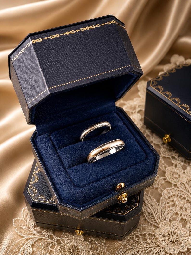 May include: Two metallic rings with a dual-tone finish resting inside an open, navy blue, octagonal jewellery box. The box features a textured exterior with gold-coloured decorative trim and a deep blue velvet interior lining for the rings.