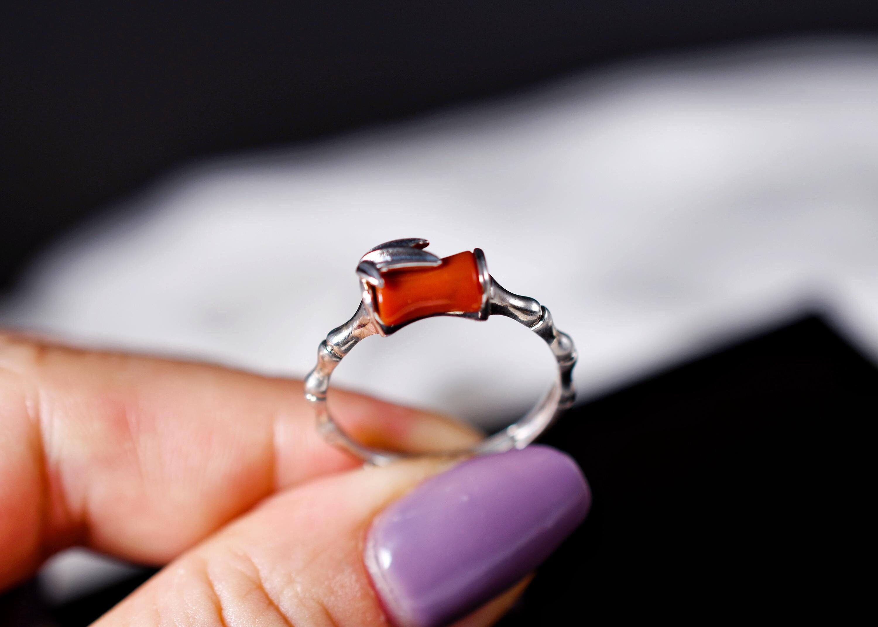 Bamboo Ring in 925 Sterling Silver With Natural Red Agate • Gift 