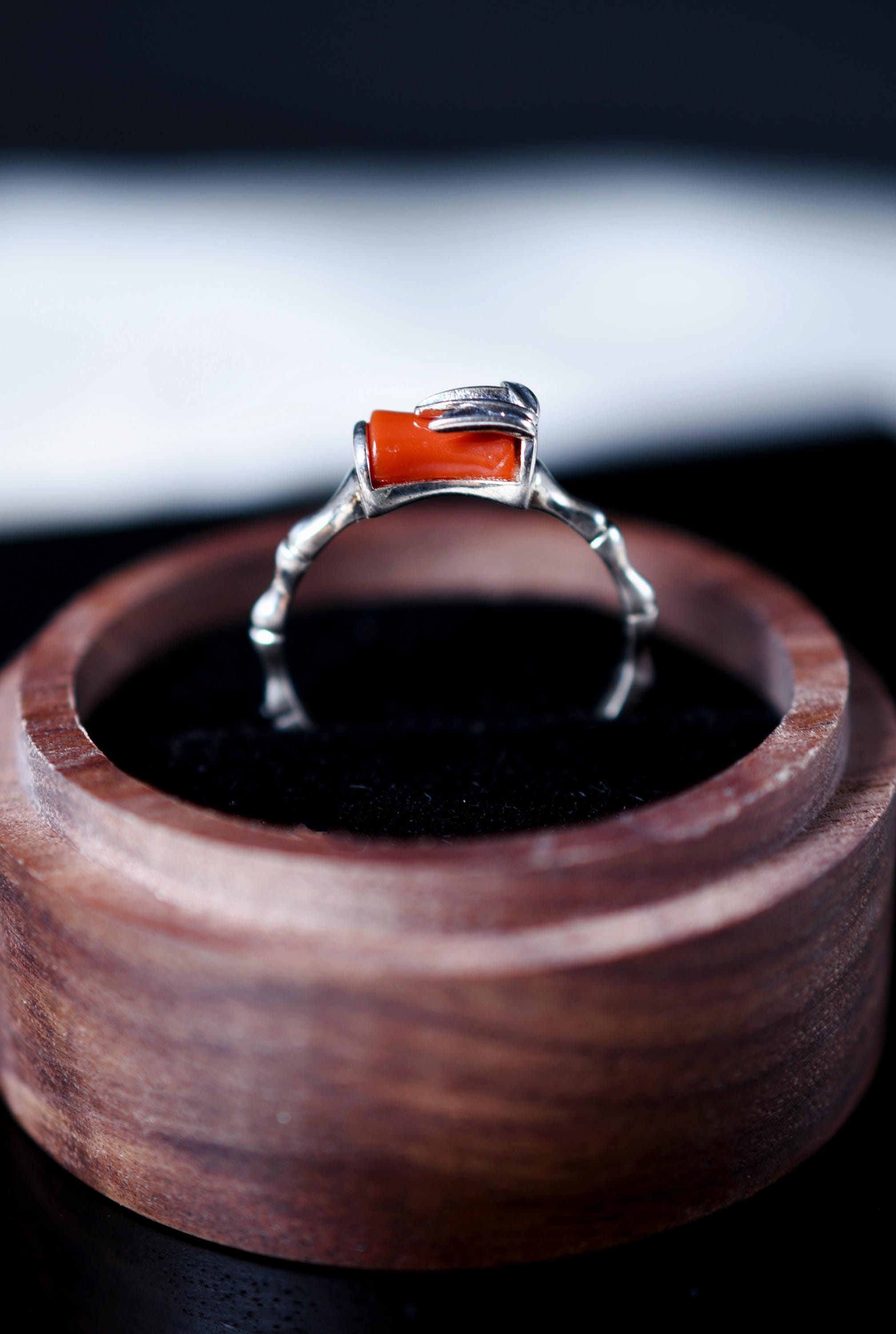 Bamboo Ring in 925 Sterling Silver With Natural Red Agate • Gift 