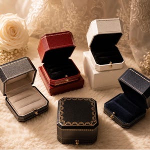 May include: A collection of five octagonal jewellery boxes in various colours including dark grey, deep red, white, black, and navy blue. Each box features a textured exterior, a gold-toned metal clasp, and a soft velvet interior lining for rings.