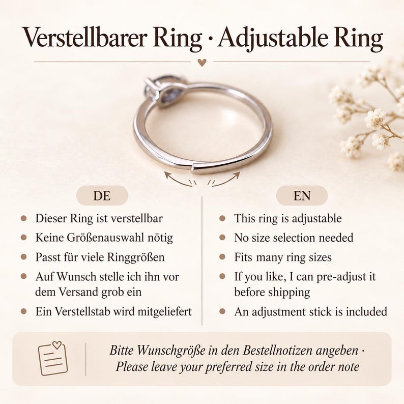 K&ouml;nnte beinhalten: Ein silberfarbener, verstellbarer Ring mit einer einzelnen Steinfassung. Das Bild enth&auml;lt den Text: Verstellbarer Ring, Adjustable Ring, This ring is adjustable, No size selection needed, Fits many ring sizes, If you like, I can pre-adjust it before shipping, An adjustment stick is included, Bitte Wunschgr&ouml;&szlig;e in den Bestellnotizen angeben.