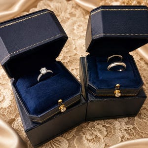 May include: Two dark blue, octagonal jewellery boxes with gold-tone trim and blue velvet interiors. One box holds a silver-toned ring with a central round stone and pav&eacute; accents, while the other box contains two plain silver-toned bands.