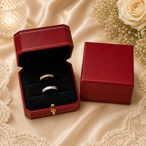 May include: Two dark red, textured jewellery boxes with gold-tone stitching and a gold-tone latch. One box is open, revealing a black velvet interior with two slots holding a gold band and a silver band. The other box is closed and sits beside it.